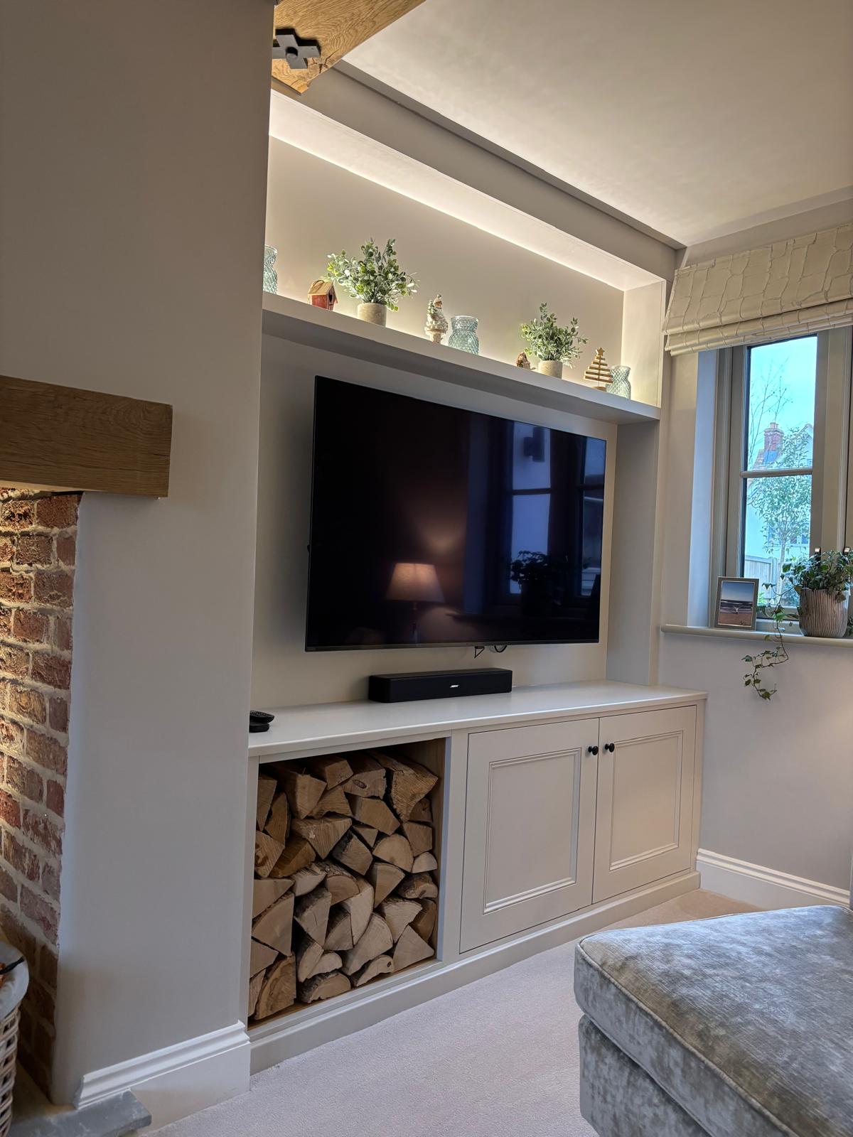 bespoke fitted storage solutions in danbury in essex. alcove shelving with bespoke cabinetry. 